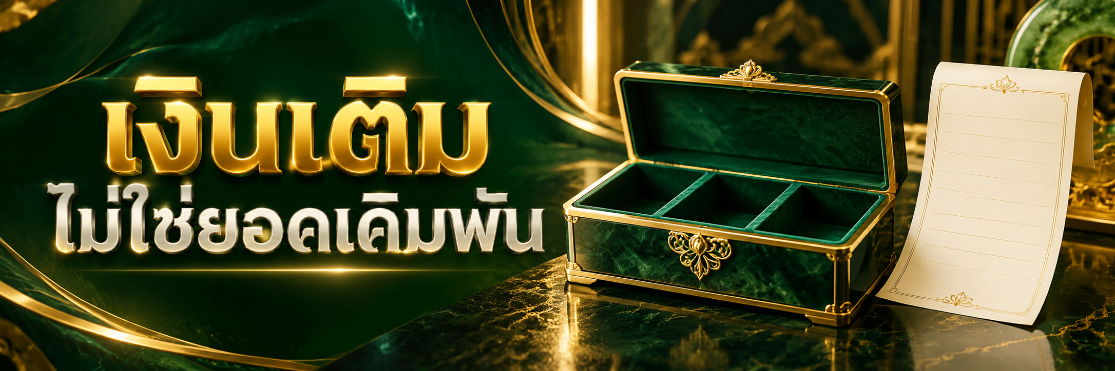 กล่องโทเคนสามช่องกับใบรายการเปล่าสีเขียวทอง